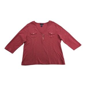 Chaps Denim Coral V-Neck 3/4 Sleeve Henley Top Cotton Pockets Women's Size XL